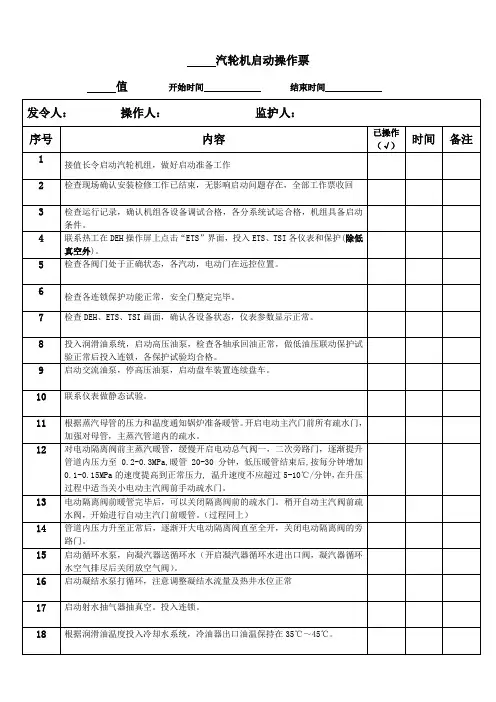 (完整word版)汽轮机启动操作票