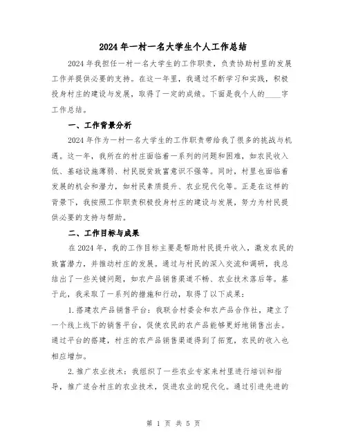2024年一村一名大学生个人工作总结(2篇)