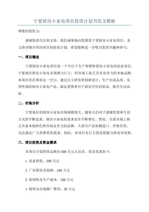 宁夏厨房小家电项目投资计划书范文模板