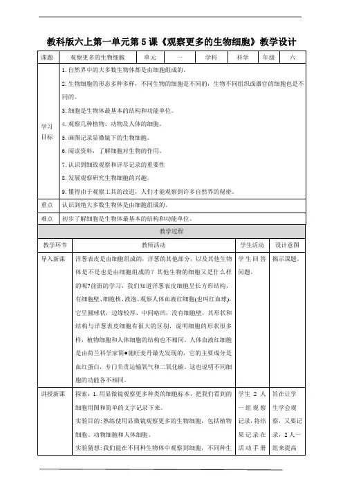 教科版六年级上册 观察更多的生物细胞 教案