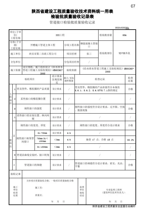 02钢筋砼管道接口检验批质量验收记录表