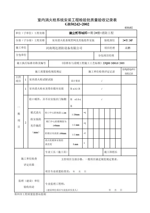 室内消火栓系统安装工程检验批质量验收记录表