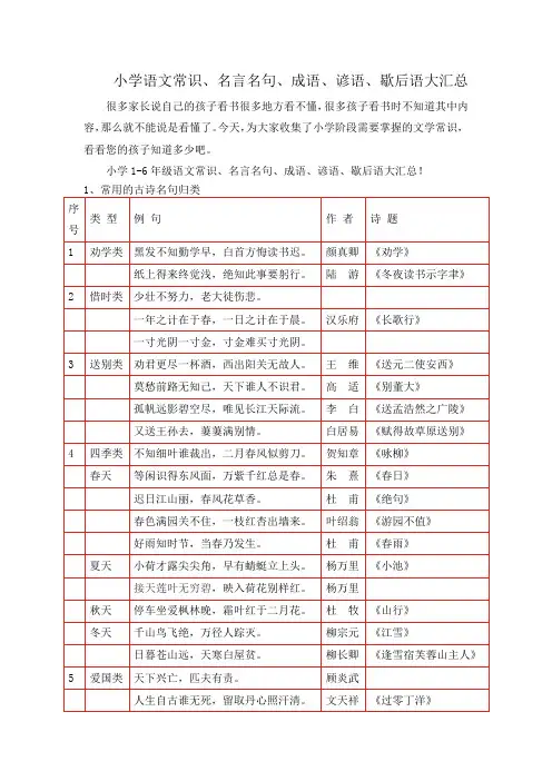 小学1-6年级语文常识大汇总