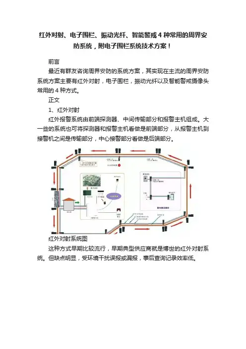 红外对射、电子围栏、振动光纤、智能警戒4种常用的周界安防系统，附电子围栏系统技术方案！