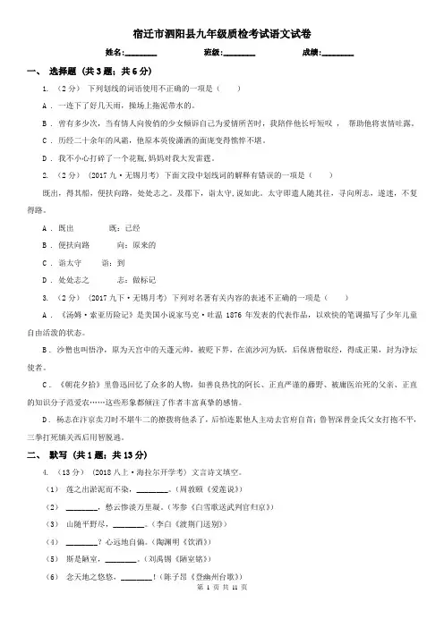 宿迁市泗阳县九年级质检考试语文试卷