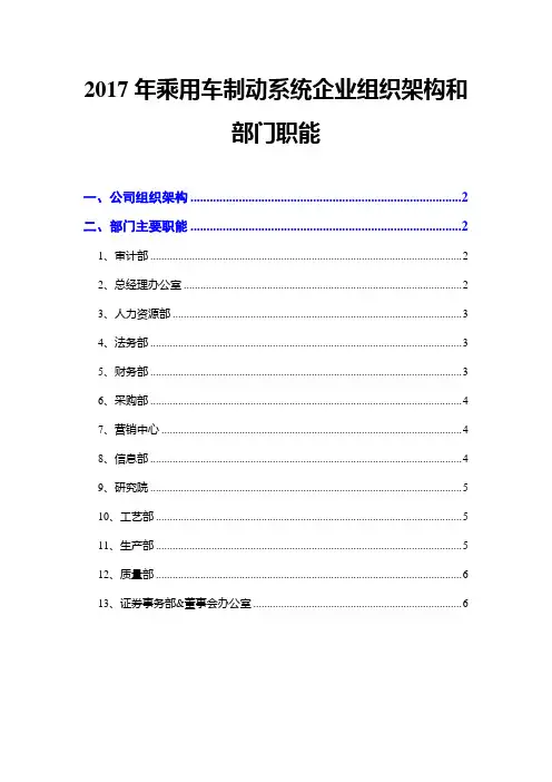 2017年乘用车制动系统企业组织架构和部门职能