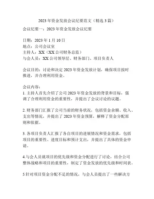 2023年资金发放会议纪要范文(精选3篇)