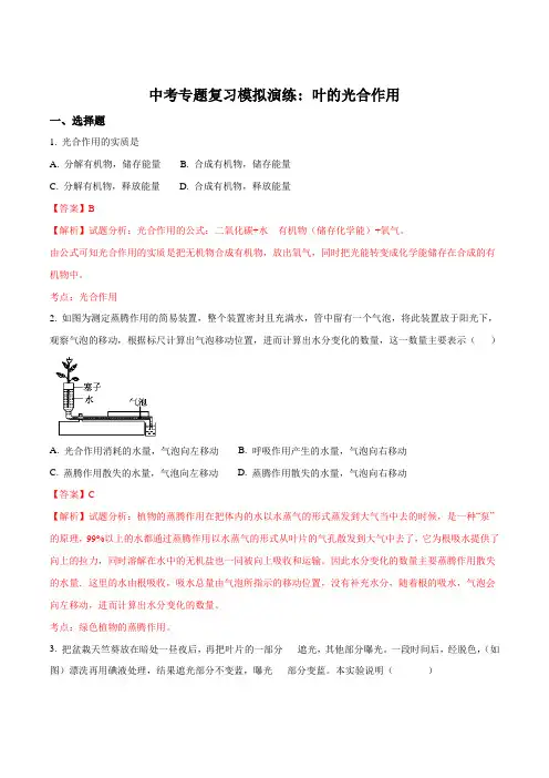 2018年中考生物专题复习模拟演练：叶的光合作用(解析版)