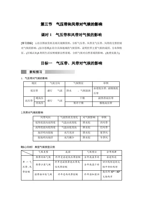 高中地理选择性必修一 学习笔记 第三章 第三节 课时1 气压带和风带对气候的影响