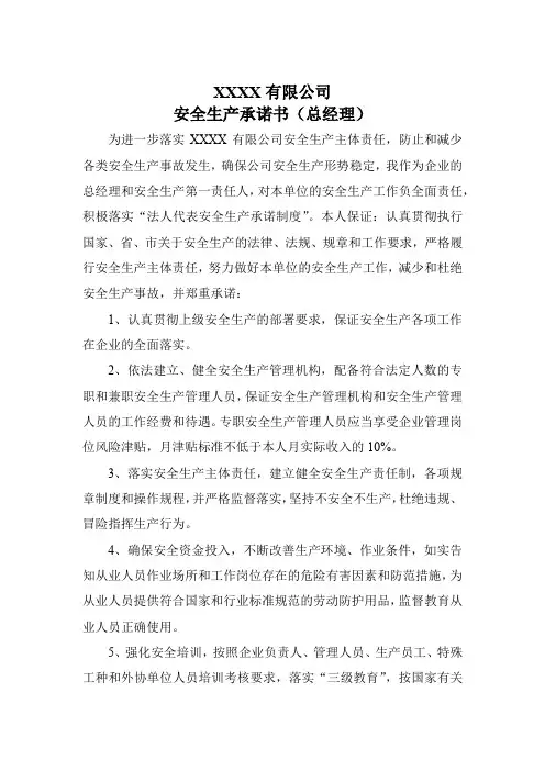 安全生产承诺书(总经理)