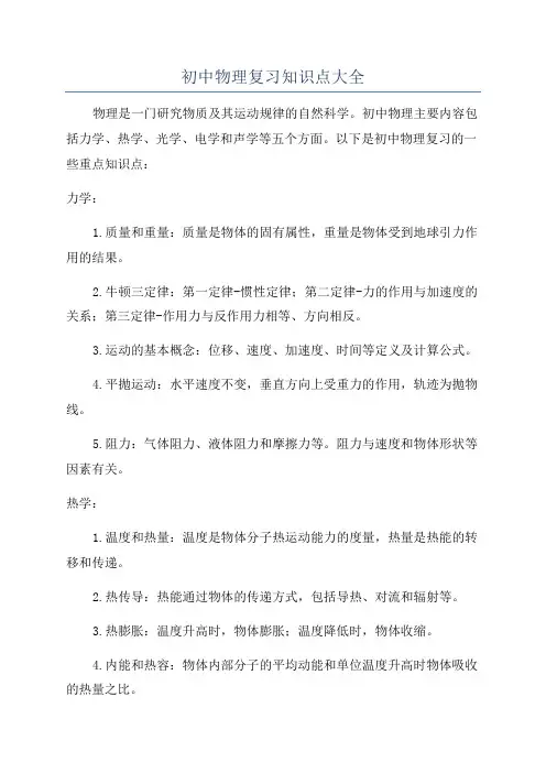 初中物理复习知识点大全