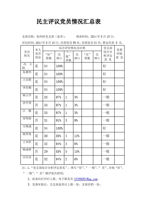 民主评议党员汇总表
