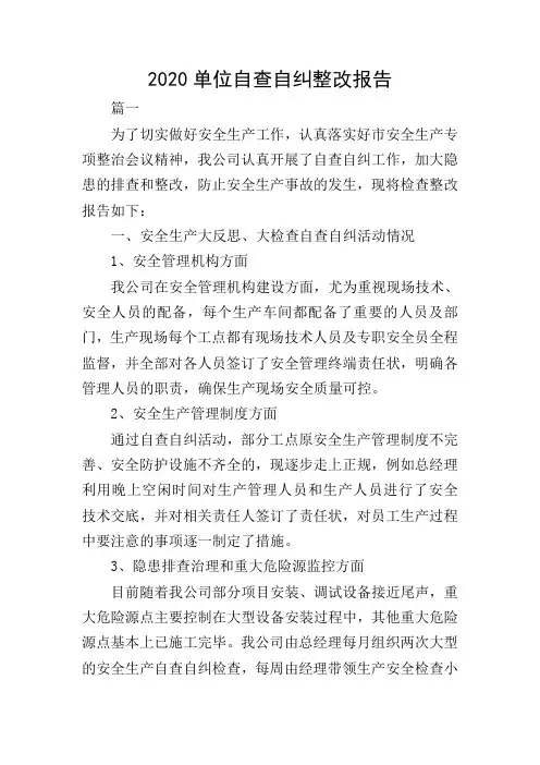 2020单位自查自纠整改报告