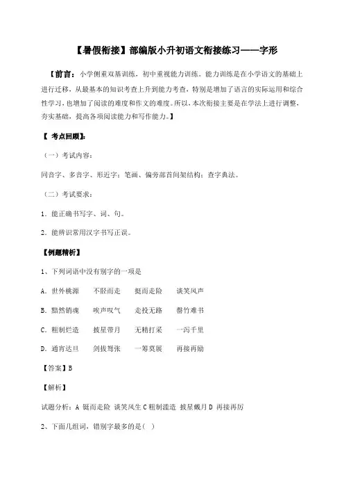 【精品独家】小升初衔接语文暑假练习：字形(人教部编版,含答案,含解析)