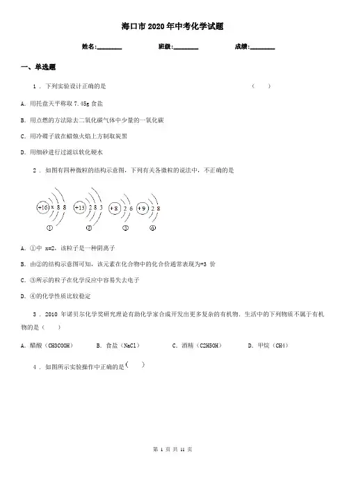 海口市2020年中考化学试题