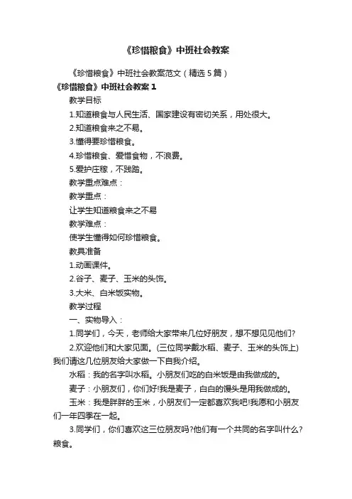 《珍惜粮食》中班社会教案范文（精选5篇）