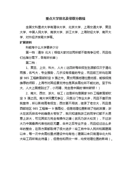 重点大学排名及录取分数线