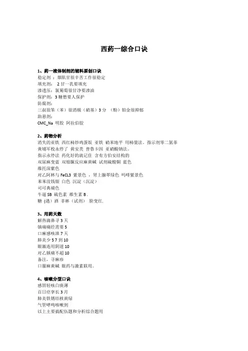 西药一综合必看口诀