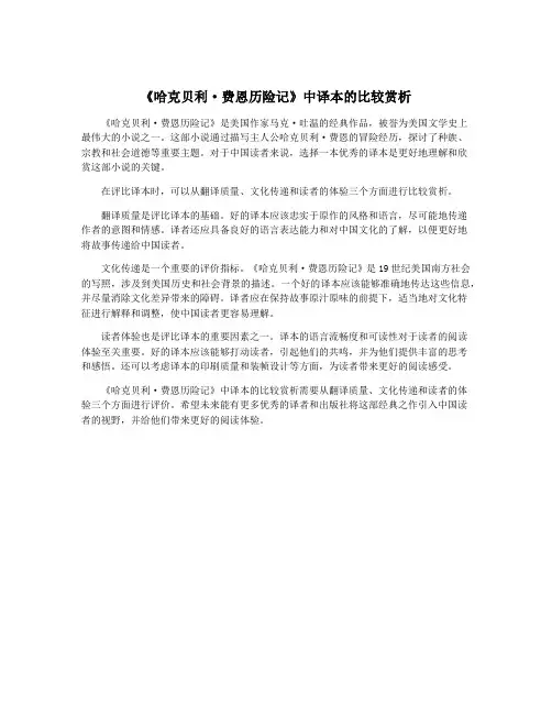 《哈克贝利·费恩历险记》中译本的比较赏析