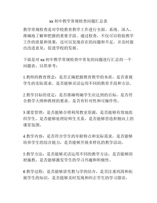 xx初中教学常规检查问题汇总表