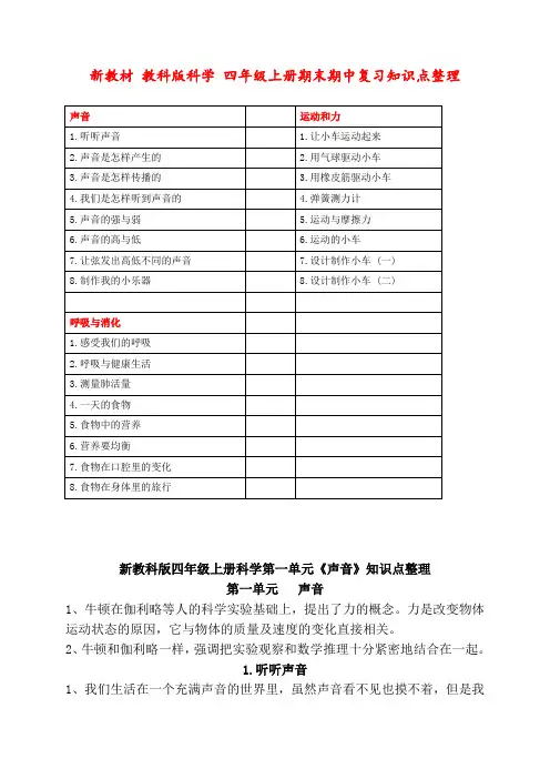 教科版小学四年级科学上册 ：期末期中复习知识点整理全套精品