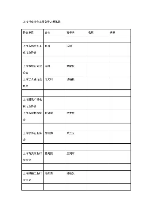上海行业协会主要负责人通讯录