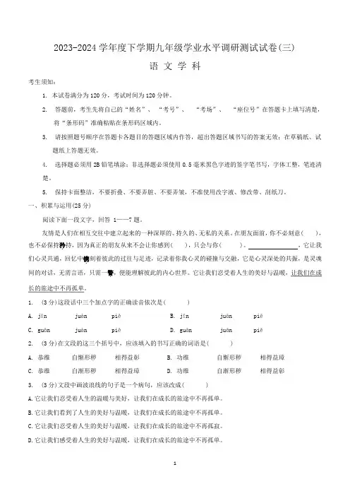 2024年黑龙江省哈尔滨市道外区中考三模语文试题(含答案)