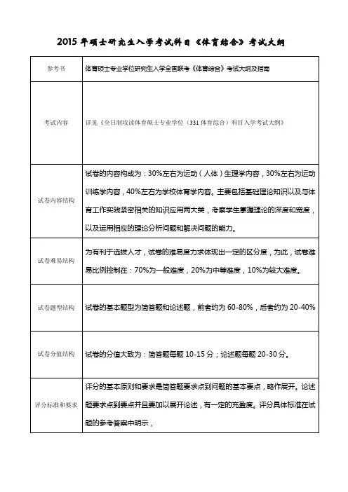 2015年硕士研究生入学考试科目体育综合考试大纲