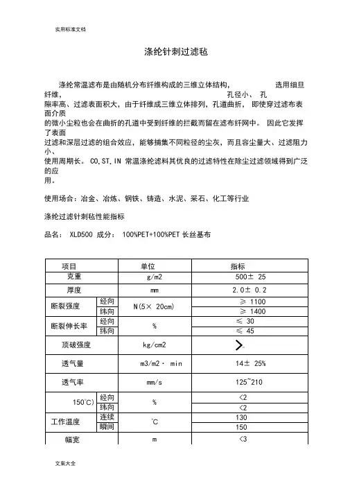 各种针刺过滤毡全参数指标