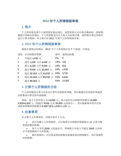 2012年个人所得税税率表