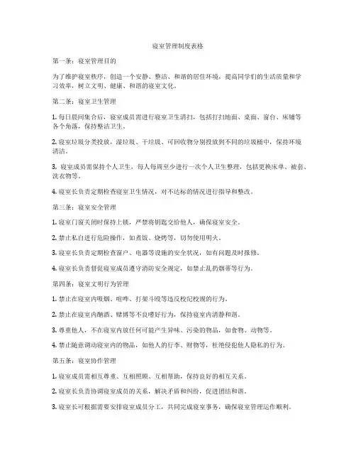 寝室管理制度表格