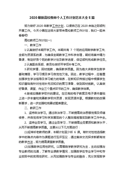 2020最新高校教师个人工作计划范本大全5篇