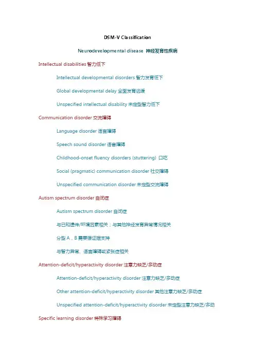 精神障碍诊断与统计手册DSM-V目录中英文对照翻译
