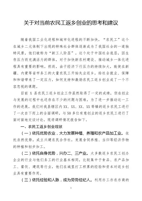 关于对当前农民工返乡创业的思考和建议