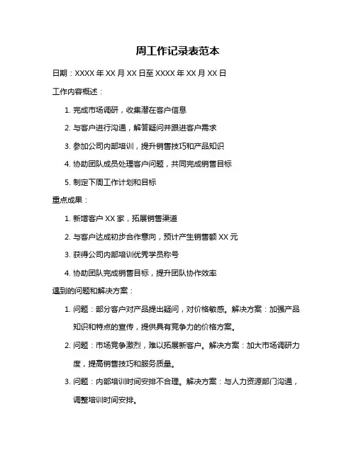 周工作记录表范本