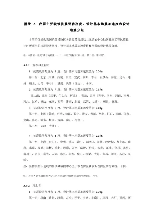 我国主要城镇抗震设防烈度、设计基本地震加速度和设计地震分组