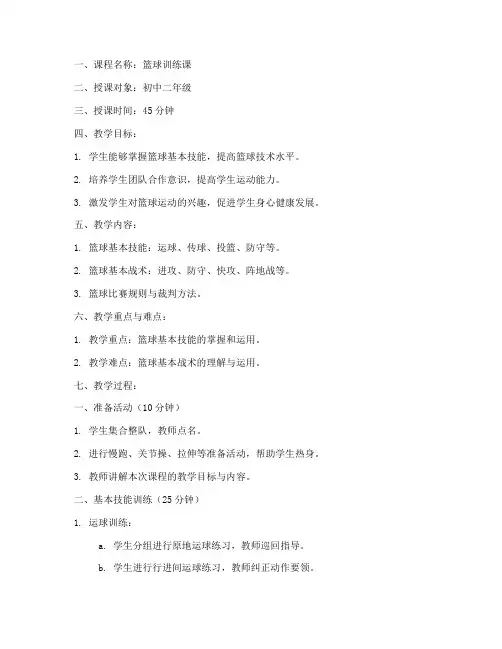 篮球训练空白教案模板范文