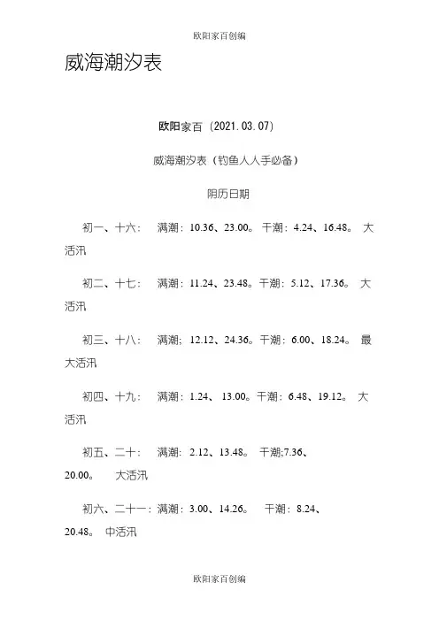 威海潮汐表之欧阳家百创编