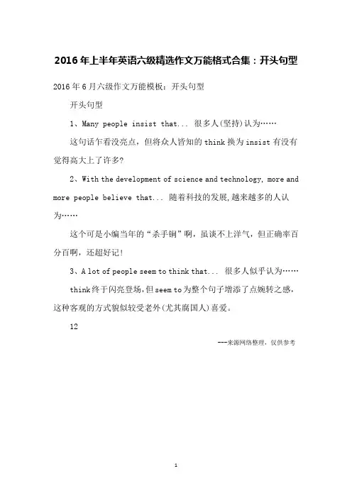 2016年上半年英语六级精选作文万能格式合集：开头句型