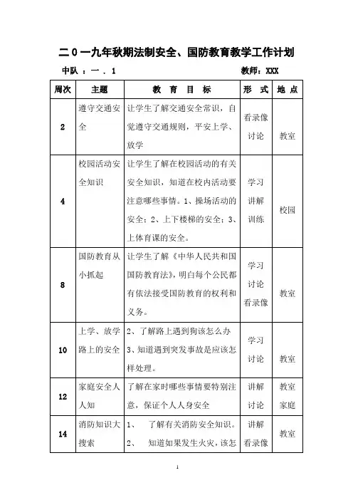 二0一九年秋期法制安全、国防教育教学工作计划