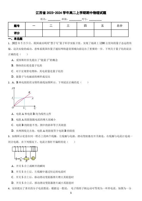 江西省2023-2024学年高二上学期期中物理试题(含答案)