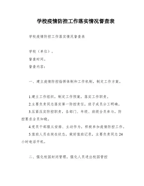 学校疫情防控工作落实情况督查表