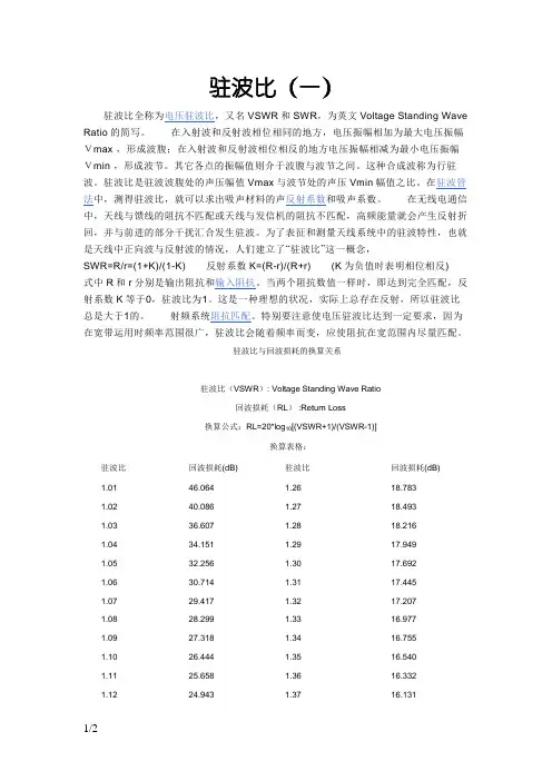 驻波比与回波损耗的换算关系