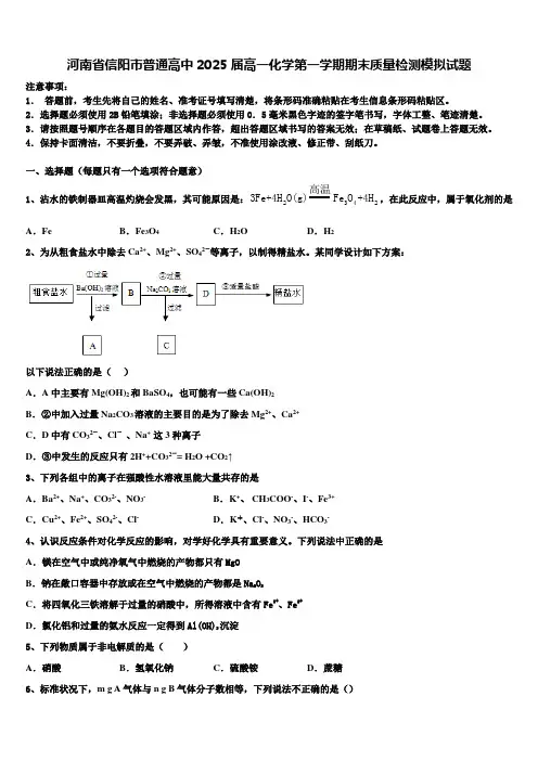 河南省信阳市普通高中2025届高一化学第一学期期末质量检测模拟试题含解析