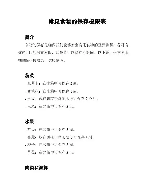 常见食物的保存极限表
