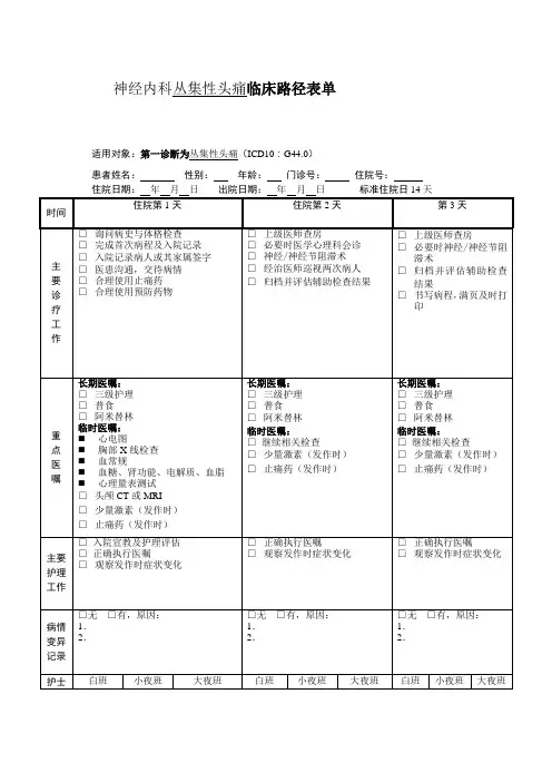 神经内科丛集性头痛临床路径表单