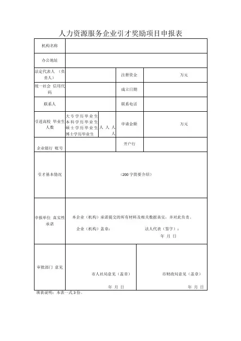人力资源服务企业引才奖励项目申报表