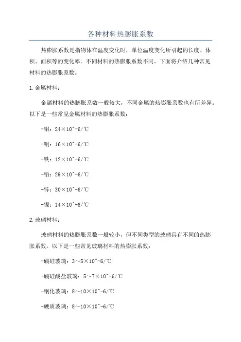 各种材料热膨胀系数