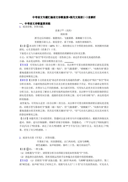 中考语文专题汇编语文诗歌鉴赏+现代文阅读(一)含解析