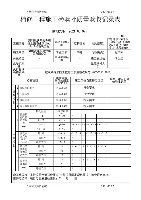 2021年植筋工程施工检验批质量验收记录(结构加固)